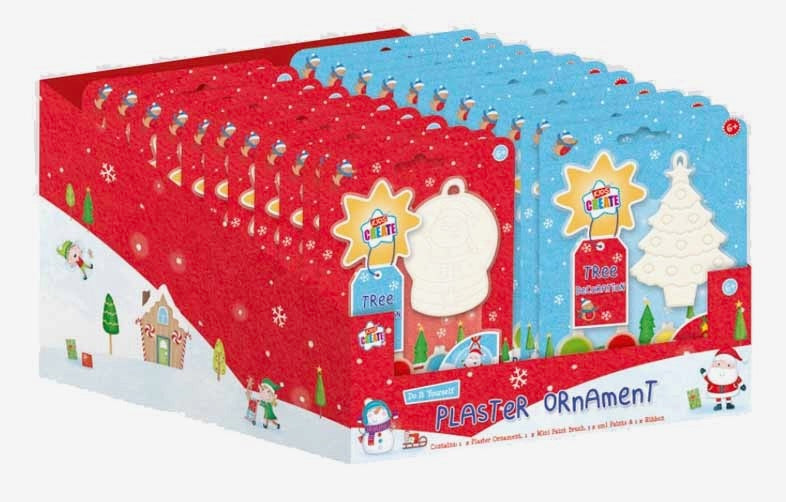 A retail display box filled with Christmas-themed plaster ornaments. The display features red and blue patterned backing boards decorated with snowflakes, Santa Claus, snowmen, and holiday trees, with white plaster ornament templates visible inside.