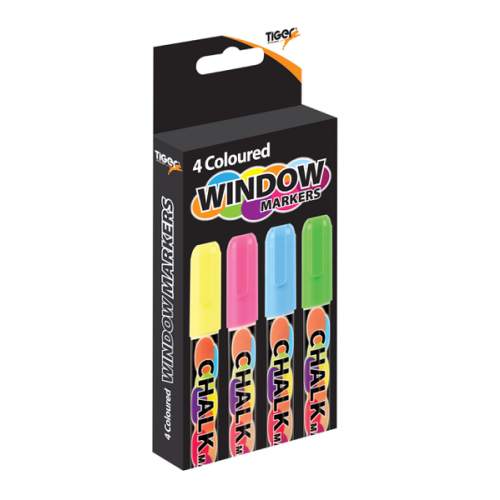 Tiger brand 4 coloured chalk markers in a black retail box, showing the yellow, pink, blue, and green marker tips.