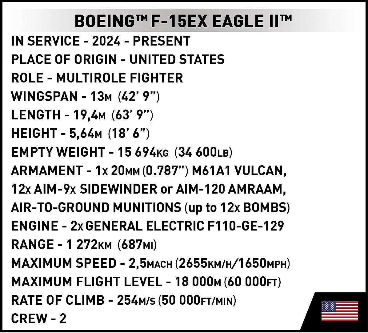 A small label showing basic facts about the aircraft, such as its role, years of service, country of origin, wingspan, and maximum speed, as well as the American flag.