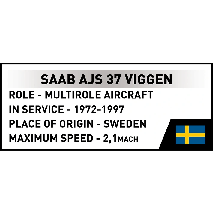 A small label showing basic facts about the aircraft, such as its role, years of service, country of origin and maximum speed, as well as the Swedish flag.