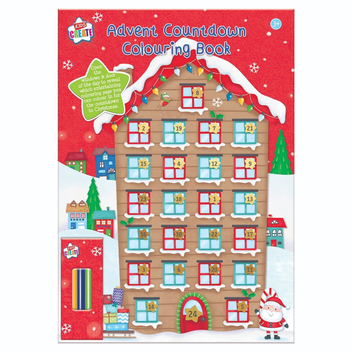 Cover of the Christmas themed colouring book showing an illustration of a house with 23 numbered window and a numbered door, with a box of colouring pencils.