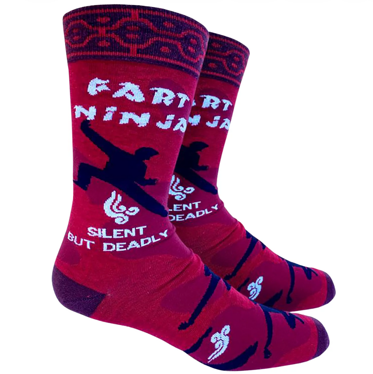 A pair of red crew socks with a ninja theme, featuring a black silhouette of a ninja, white text reading 'FARTING NINJA' and 'SILENT BUT DEADLY', and a patterned cuff.