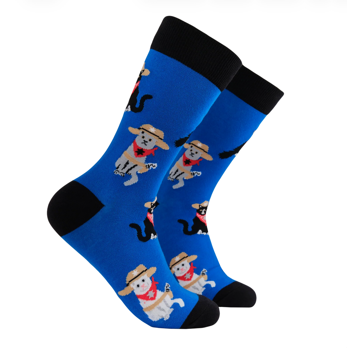 A pair of bright blue crew socks with black cuffs and heels, featuring a repeating pattern of cats wearing cowboy hats and red bandanas.