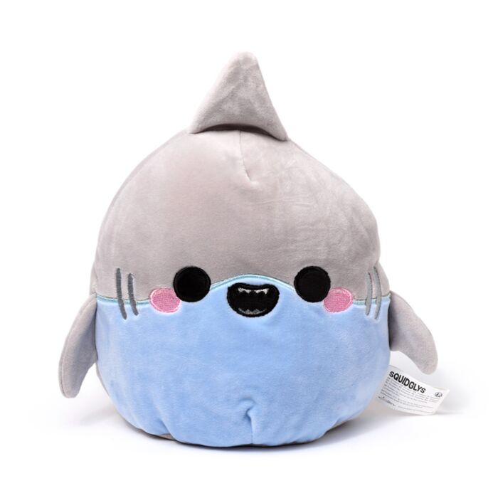 A plush shark toy with a light gray top half, a light blue bottom half, black embroidered eyes and mouth, and pink cheeks, shown on a white background.