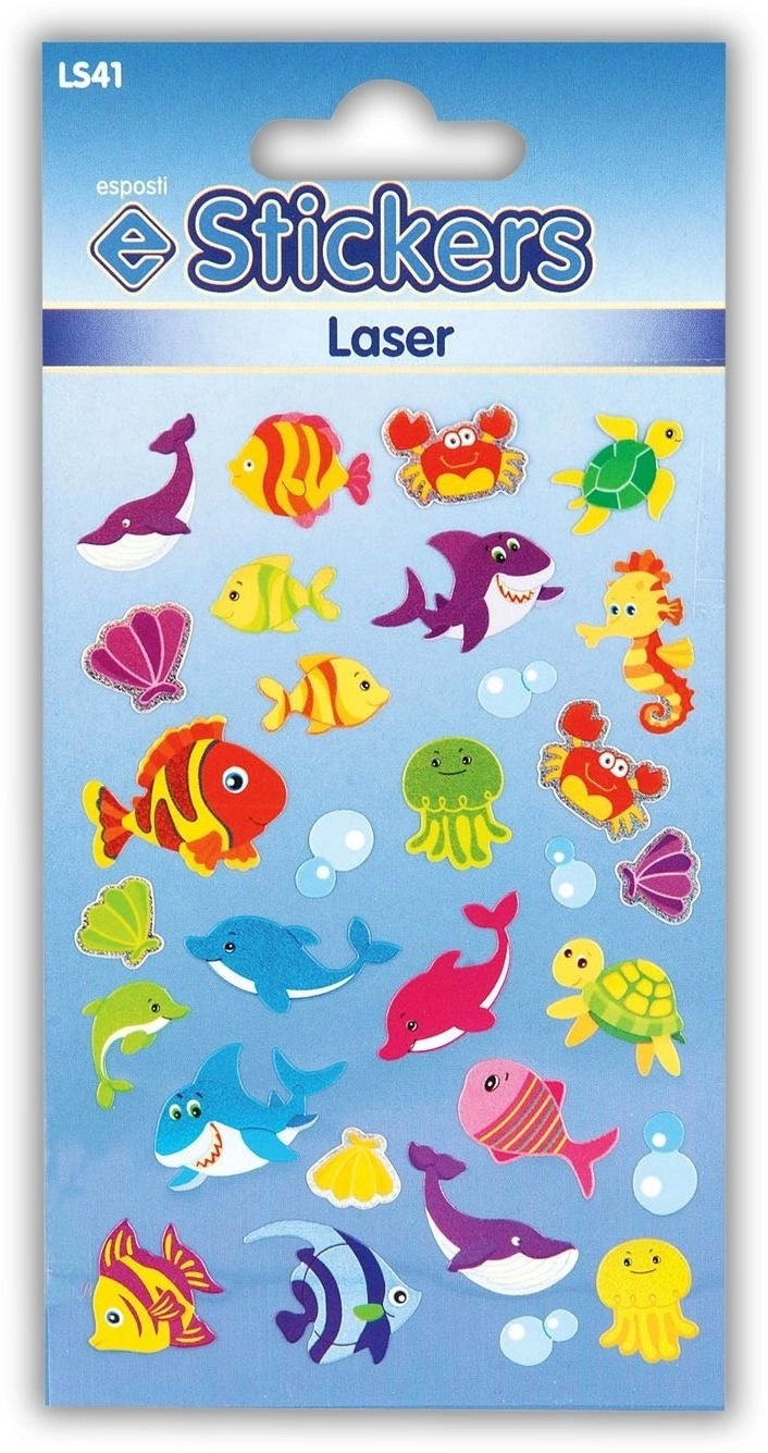 A package of laser stickers featuring colorful cartoon sea creatures and bubbles on a blue backing card. The stickers include fish, sharks, dolphins, turtles, crabs, jellyfish, seahorses, and shells.
