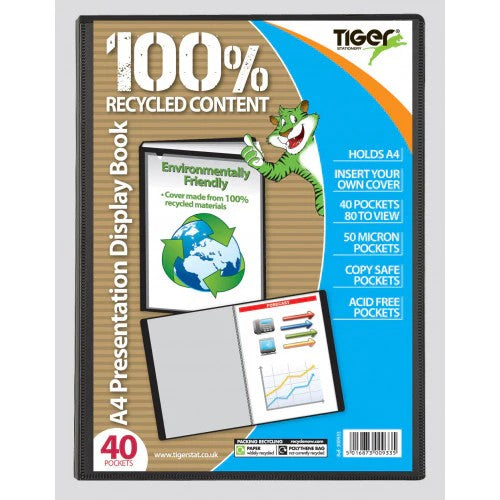 Tiger brand A4 Presentation Display Book with a 100% recycled content cover, featuring a brown wood-grain design, a blue side panel, and product details printed on the front.