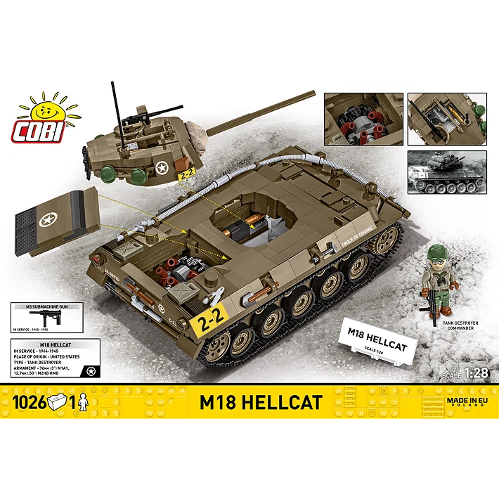 The back of the retail box, showing the model with its turret and engine hatch removed, showing interior detailing. 
Various close-up images of the model, as well as a picture of the real tank, and facts about the tank are displayed around it. A yellow strip across the bottom of the box displays the number of pieces, specific name of the tank, its scale, and small warning label. Its soldier and plaque stand next to it.
