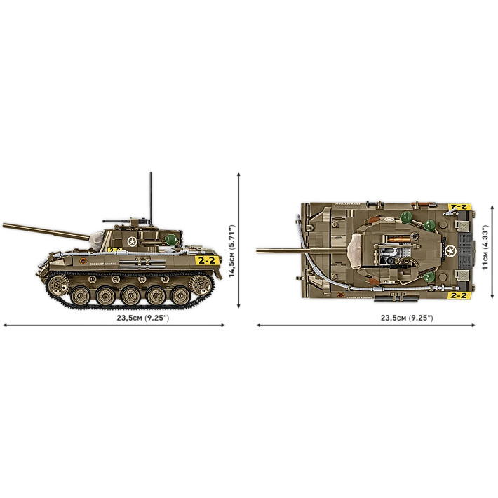 One image of the model from the side, and one looking down on the tank, showing its dimensions as 23.5cm long, 11cm wide, 14.5cm tall