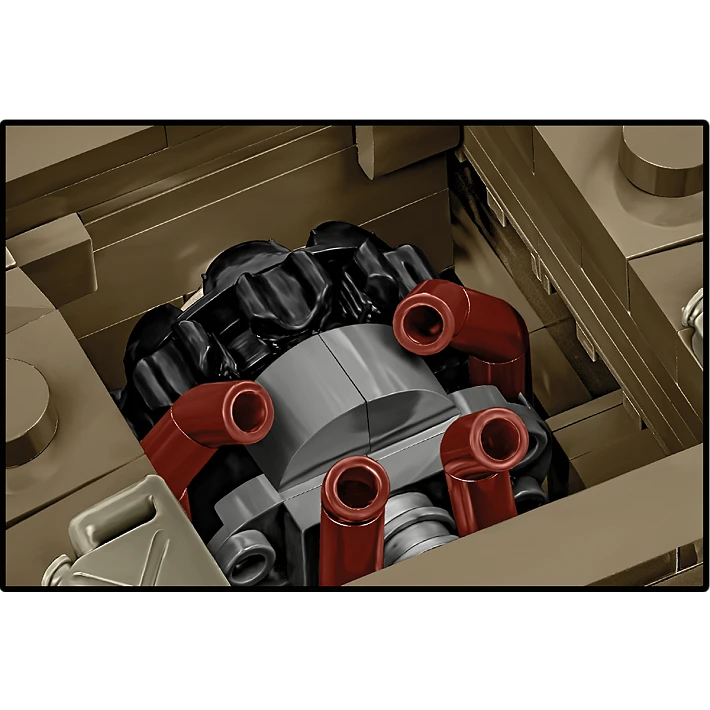 A close-up picture of the tank's engine through its open engine hatch, showing the details of the engine.