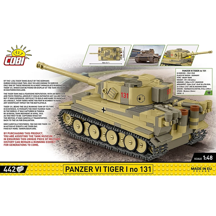 The back of the retail box, showing the assembled model. Various close-up images of the model, as well as its dimensions, and facts about the tank are displayed around it. A yellow strip across the bottom of the box displays the number of pieces, specific name of the tank, its scale, and small warning label.