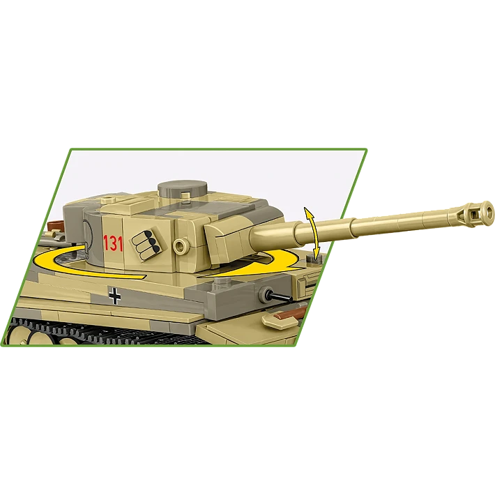 A close-up of the tank's gun. It has yellow arrows around its gun turret, showing that it can twist around, and has arrows around its gun showing that it can be raised and lowered.