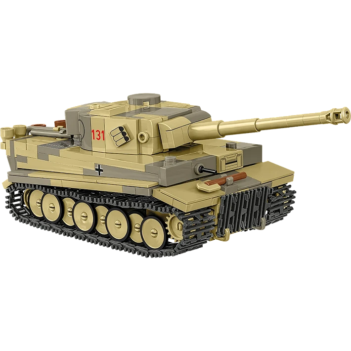 A photo of the model tank. It is made of various green, brown and grey pieces. It has its gun raised, and has functional tracks over its wheels.