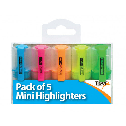 Pack of 5 mini highlighters in a clear plastic blister pack with a white cardboard hanger tab and a blue front label. The highlighters are blue, pink, orange, yellow-green, and green, with Tiger brand logo visible on the packaging.