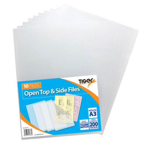 A pack of 10 clear plastic Tiger A3 open top and side files, shown fanned out against a white background with the retail packaging visible at the bottom.