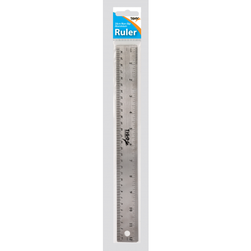 A 12-inch metal ruler in its retail packaging, featuring a blue and white header card with the brand name 'Tiger' and the word 'Ruler'.