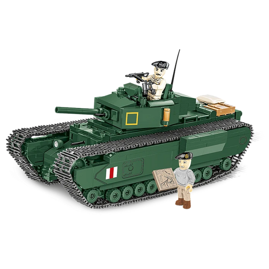A photo of the model tank. It is made of various green and brown and pieces. It has its gun raised, and has functional tracks over its wheels. There is a model soldier inside it's top hatch, and another model soldier holding a map stood next to it.