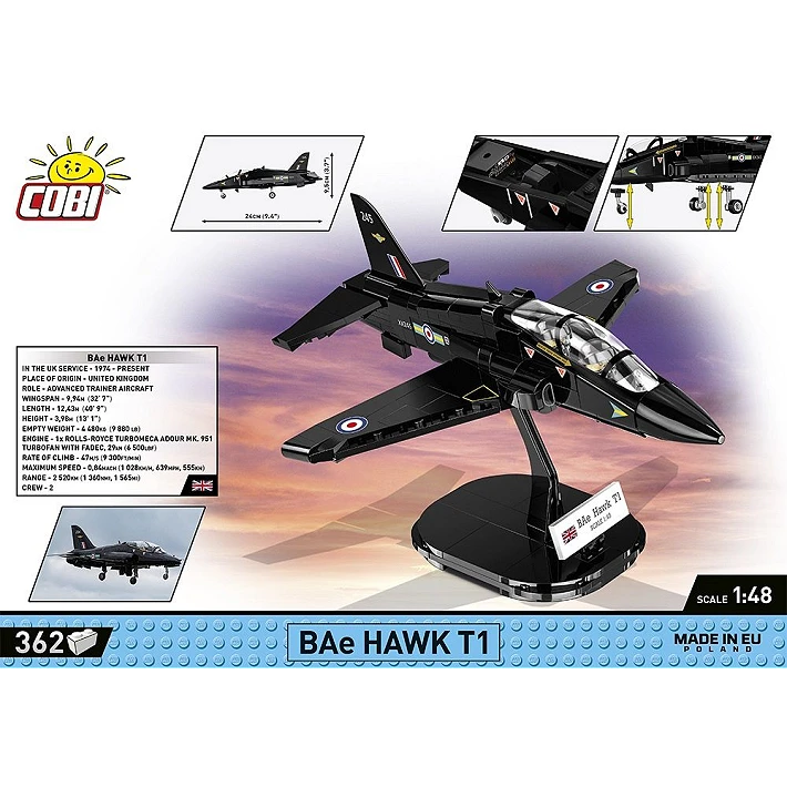 The back of the retail box, showing the assembled model on its display stand. Various close-up images of the model, as well as boxes containing facts about the aircraft are displayed around it. A blue strip across the bottom of the box displays the number of pieces, specific name of the aircraft, its scale, and small MADE IN EU label.
