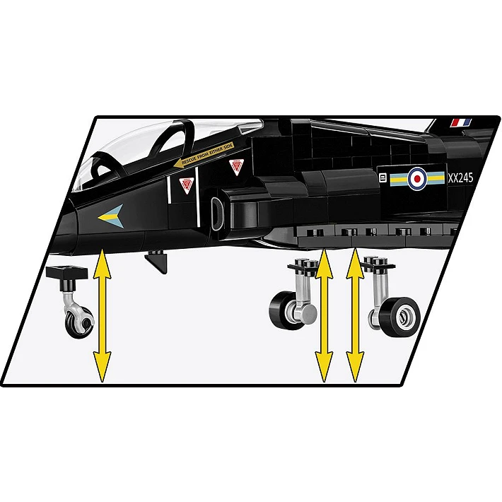 A photo of the side of the model, showing the landing gears hovering just below it. Double-edged yellow arrows next to each landing gear shows that they can be easily removed and attached to the bottom of the aircraft. The RAF logo, as well as other decals, are also shown on the side of the model.
