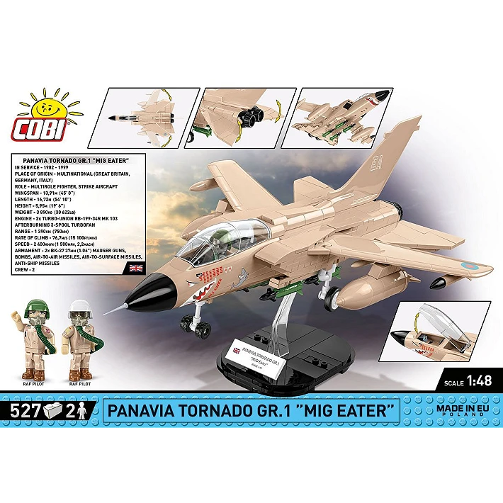 The back of the retail box, showing the assembled model on its display stand. Various close-up images of the model, images of the model pilots, as well as a small box containing facts about the aircraft, are displayed around it. A blue strip across the bottom of the box displays the number of pieces, specific name of the aircraft, and small MADE IN EU label and scale.