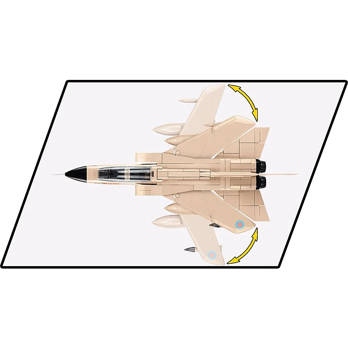 A top-down view of the model. Its wings are pointed back, with a semi-transparent overlay of the wings in their forward position. Double-edged yellow arrows around the wings show that they can be rotated between the two positions. 
