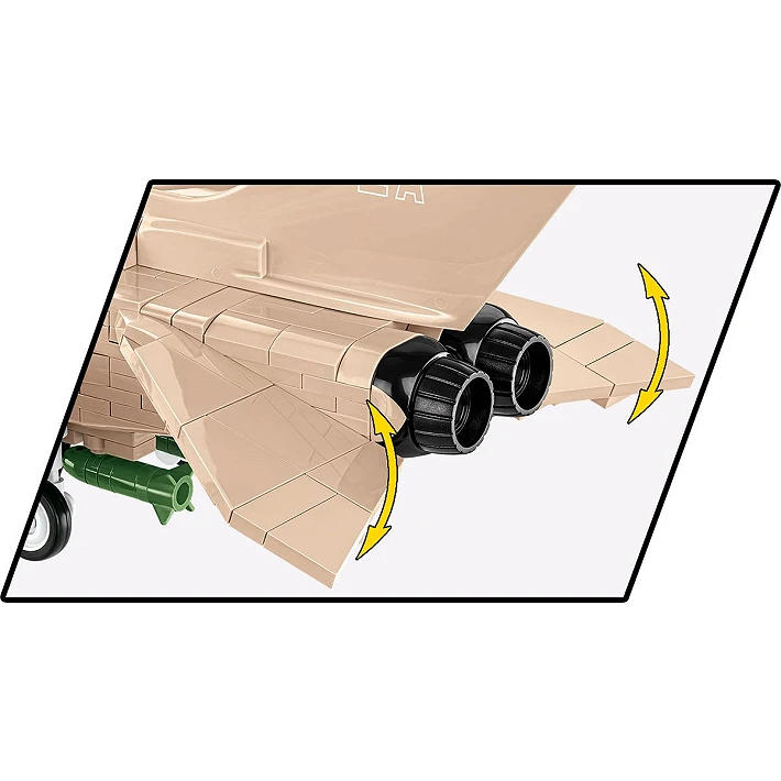 A photo of the back of the aircraft, showing its rear flaps and engines. The flaps are pointed down, and have yellow double-edged arrows next to them showing the flaps can be rotated back and forth.