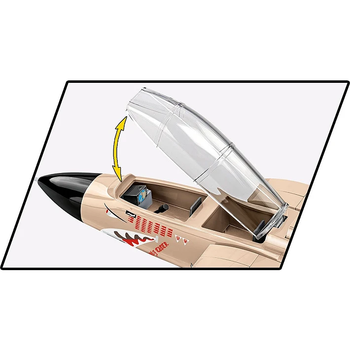 A photo of the model's cockpit, showing details of the seats, control panel and stick. The wind shield is raised, with a double-edged arrow showing that it can be raised and lowered. Beneath the cockpit, on the side of the model, is painted detail of rows of bombs, the top of a pointed-toothed mouth, and an eye.
