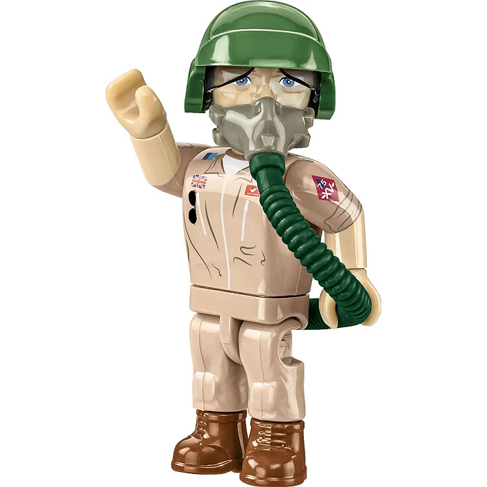A photo of one of the model pilots, dressed in a brown military uniform and dark brown boots. He wears a green helmet and grey oxygen mask, which has a green pipe attached to the bottom which wraps around the pilot and is held in one of his hands.