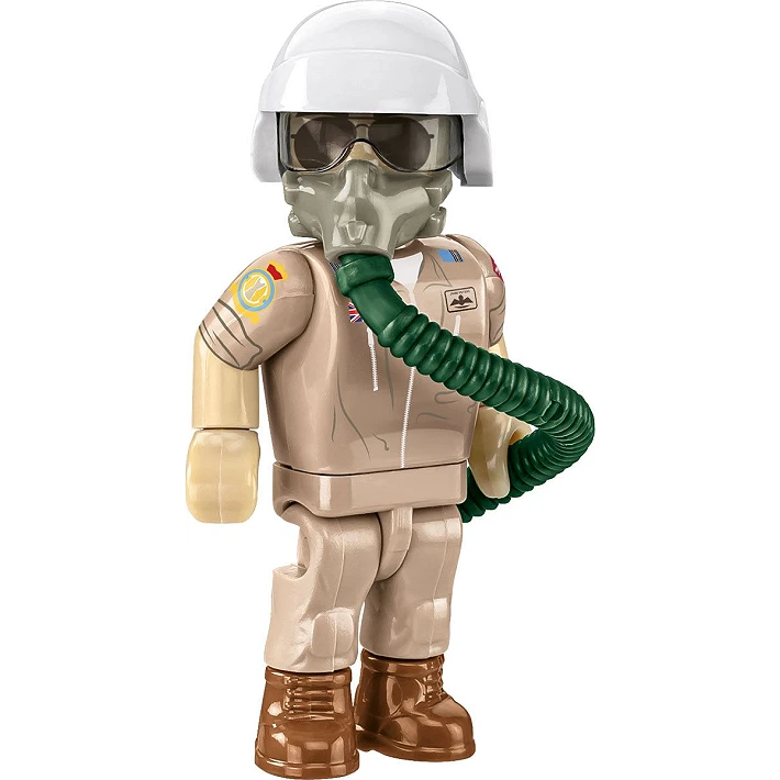 A photo of one of the model pilots, dressed in a brown military uniform and dark brown boots. He wears a white helmet and grey oxygen mask, which has a green pipe attached to the bottom which wraps around the pilot and is held in one of his hands. His helmet's visor is down, with his aviator sunglasses visible behind it.