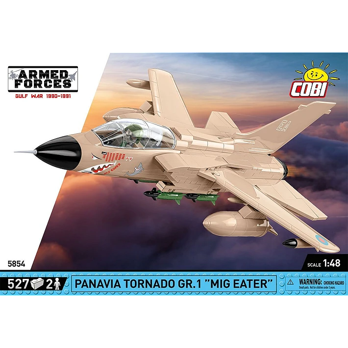 The retail box for the model, showing a picture of the assembled aircraft on a blurred background the sky and clouds, creating the implication that the aircraft is flying quickly through the air. The manufacturer’s logo is displayed in the top right corner. The ARMED FORCES branding is displayed on a white diagonal section on the left, and a blue strip across the bottom of the box displays the number of pieces, specific name of the aircraft, small warning label and scale.