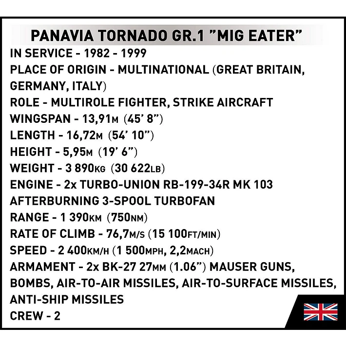 A label showing basic facts about the aircraft, such as its role, years of service, wingspan, country of origin and maximum speed, as well as the Union Jack.