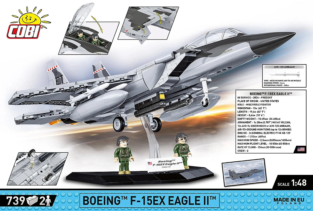 The back of the retail box, showing the assembled model on its display stand. Various close-up images of the model, as well as boxes containing facts about the aircraft and its armaments are displayed around it. A blue strip across the bottom of the box displays the number of pieces, specific name of the aircraft, its scale, and small MADE IN EU label.