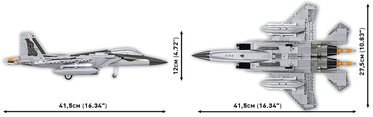 Two images of the model showing its dimensions. One photograph is taken side-on, while the other is taken from underneath. 