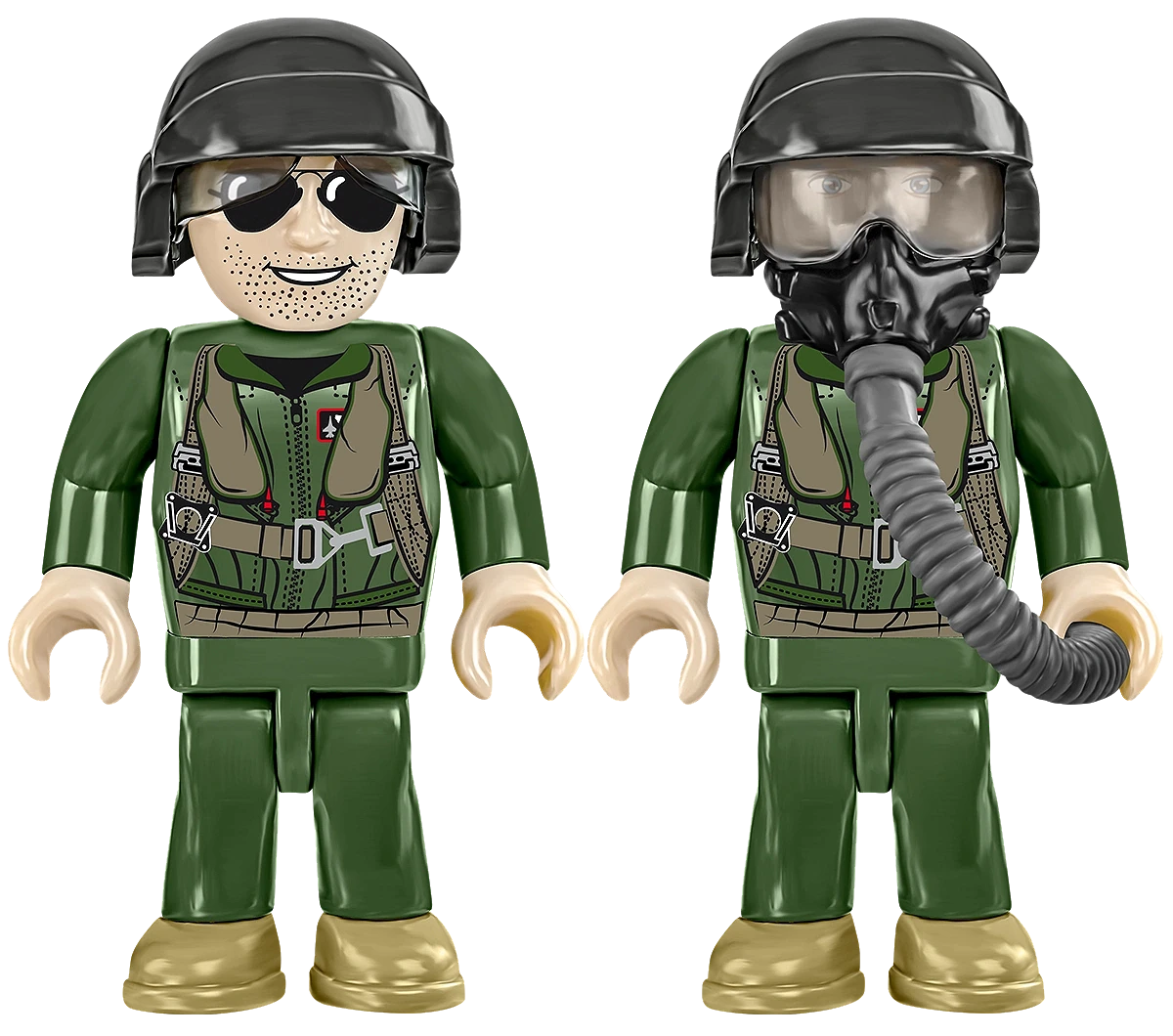 A close-up of the model pilots of the aircraft. They are both wearing green flight suits and black helmets. One model has his faced exposed, showing details of a smiling face, stubble, and aviator sunglasses. The other has his visor down and is wearing an oxygen mask, with a rubber tube attached that the model holds the end of in his hand.