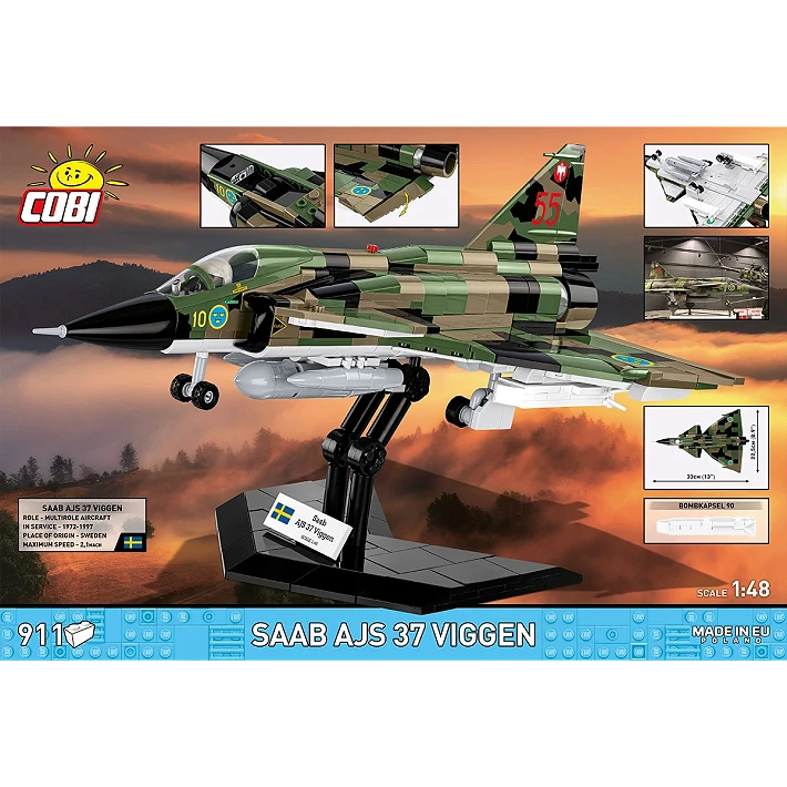 The back of the retail box, showing the assembled model on its display stand. Various close-up images of the model, as well as its dimensions, are displayed around it. A small box containing facts about the aircraft sits in the bottom left corner. A blue strip across the bottom of the box displays the number of pieces, specific name of the aircraft, and small MADE IN EU label.