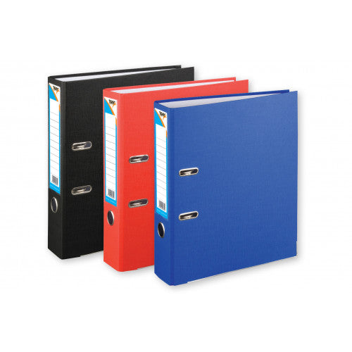 Three ring binders in black, red, and blue, arranged in a row on a white background.