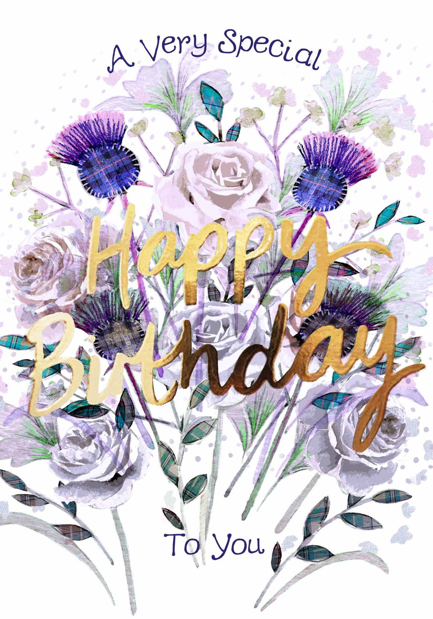A birthday card with a rose and thistle bouquet in shades of purple, green and lilac, with the words 'A very special' in purple on top, 'Happy birthday' in gold across the illustration and 'to you' in purple at the bottom, all on a white background.