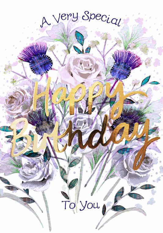 A birthday card with a rose and thistle bouquet in shades of purple, green and lilac, with the words 'A very special' in purple on top, 'Happy birthday' in gold across the illustration and 'to you' in purple at the bottom, all on a white background.