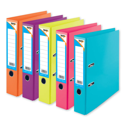 5 lever arch file folders in orange, purple, lime, pink and turquoise with writable labels on the spine.