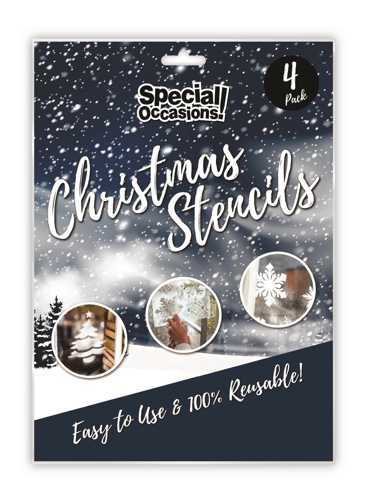 Special Occasions Christmas Stencils 4-pack in retail packaging, featuring a dark navy and white snowy background with three sample stencil designs shown in circular windows.