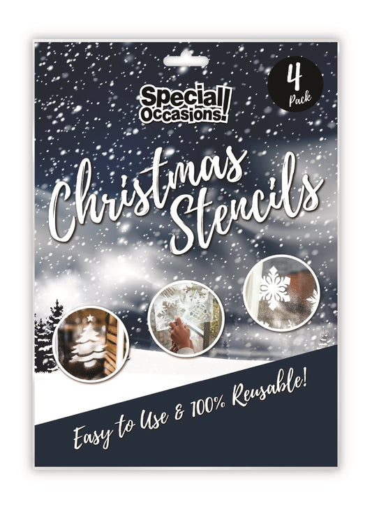 Special Occasions Christmas Stencils 4-pack in retail packaging, featuring a dark navy and white snowy background with three sample stencil designs shown in circular windows.