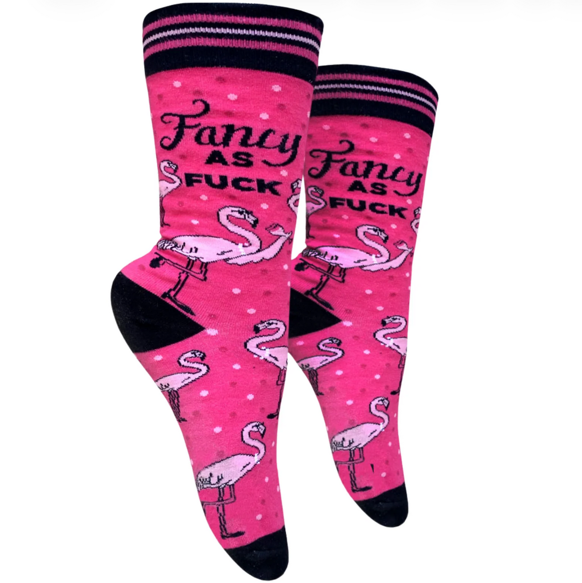 A pair of pink crew socks with black heels, toes, and cuffs, featuring a flamingo pattern and the text 'Fancy AS FUCK' on a white background.