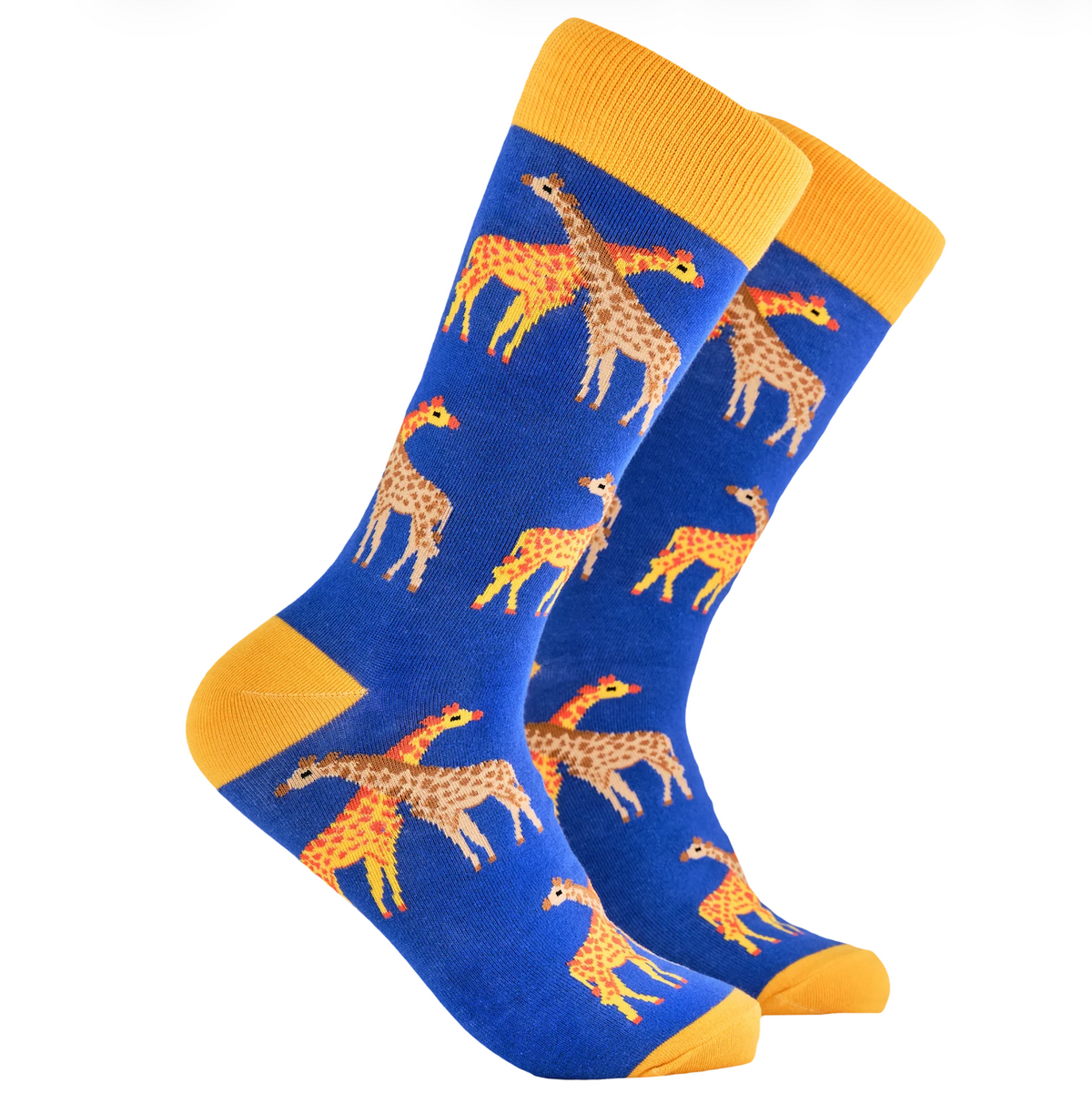 A pair of crew socks with a blue background and a repeating giraffe pattern, featuring yellow accents on the cuffs, heels, and toes.