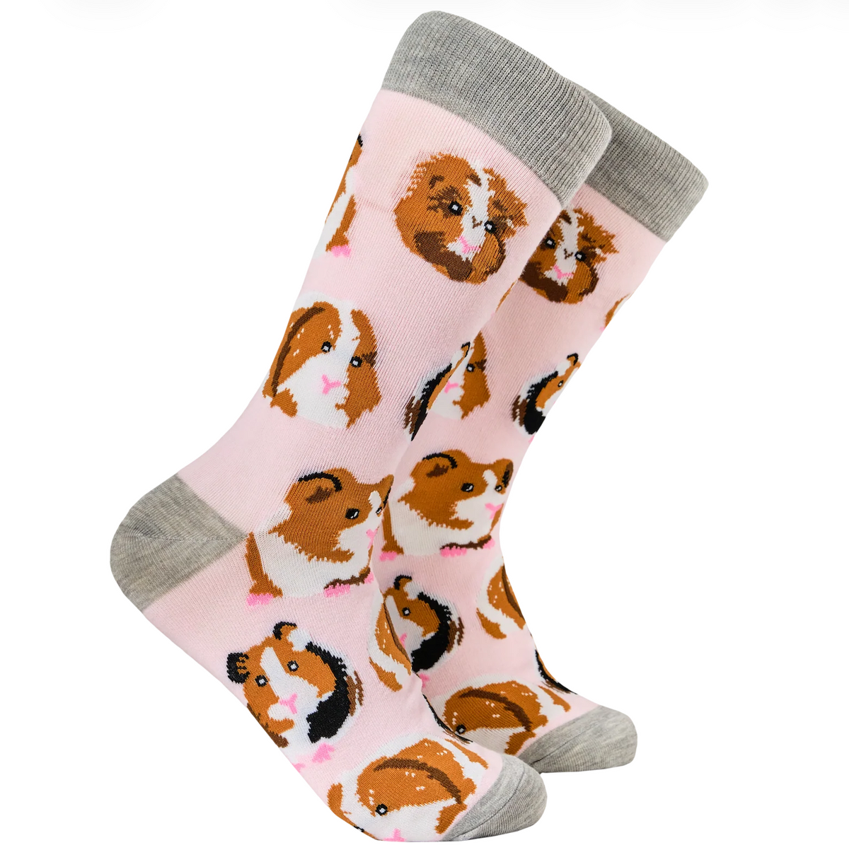 A pair of novelty crew socks with a light pink background and an all-over  hamster print, featuring grey ribbed cuffs, heels, and toes.
