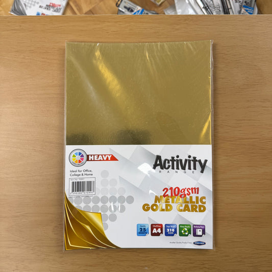 A clear plastic pack of 25 sheets of A4 metallic gold card. The bottom half of the pack is white.