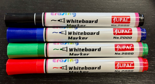 Three JUPAT Whiteboard Markers in black, blue, and green, stacked vertically on a dark textured background.