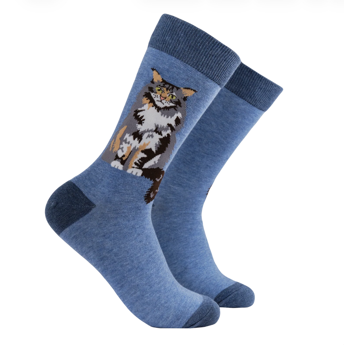 A pair of  demin blue crew socks with a detailed graphic of a fluffy cat on the front leg, set against a plain white background.