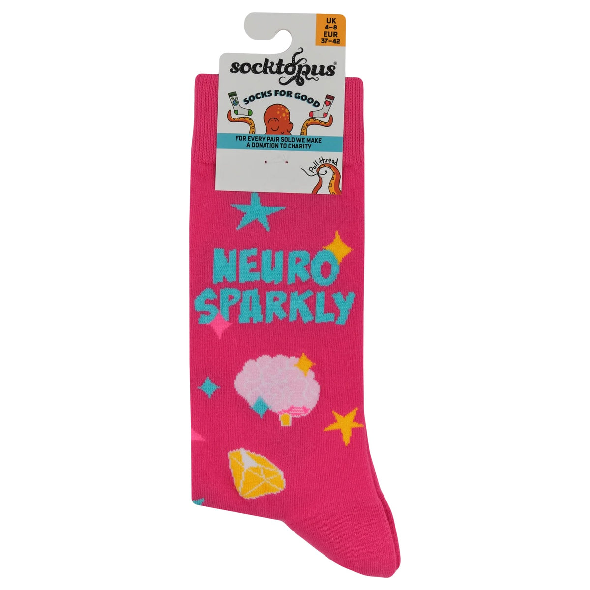 A single pink crew sock on a cardboard hanger with the brand name 'Socktopus' visible. The sock has colourful graphics including the words 'NEURO SPARKLY' in teal, pink brains, a yellow diamond, and small star shapes.