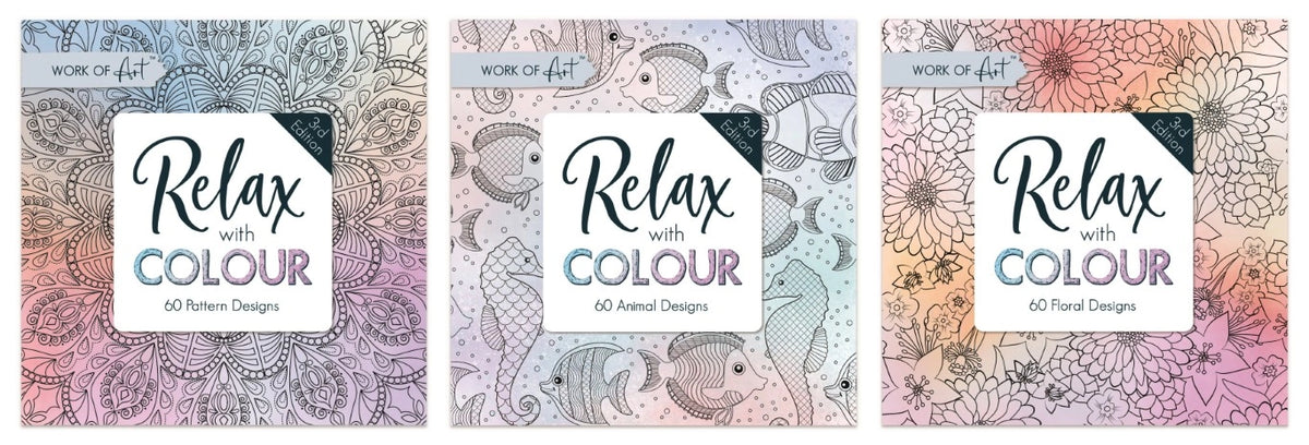 The three colouring books laid out on a white background. Each book says "WORK OF ART" in small writing across the top left, and has a white box in the middle saying "RELAX WITH COLOUR", and then "60 PATTERN/ANIMAL/FLORAL DESIGNS£ on each respective book. The background of each book is an example of the designs in the respective book. One is geometric shapes, one is fish and sea horses, and the other is flowers, each with a slight purple-white-orange colour gradient. The books are on a white background.
