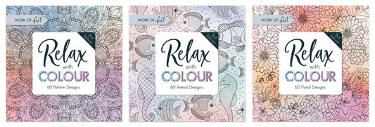 The three colouring books laid out on a white background. Each book says "WORK OF ART" in small writing across the top left, and has a white box in the middle saying "RELAX WITH COLOUR", and then "60 PATTERN/ANIMAL/FLORAL DESIGNS£ on each respective book. The background of each book is an example of the designs in the respective book. One is geometric shapes, one is fish and sea horses, and the other is flowers, each with a slight purple-white-orange colour gradient. The books are on a white background.