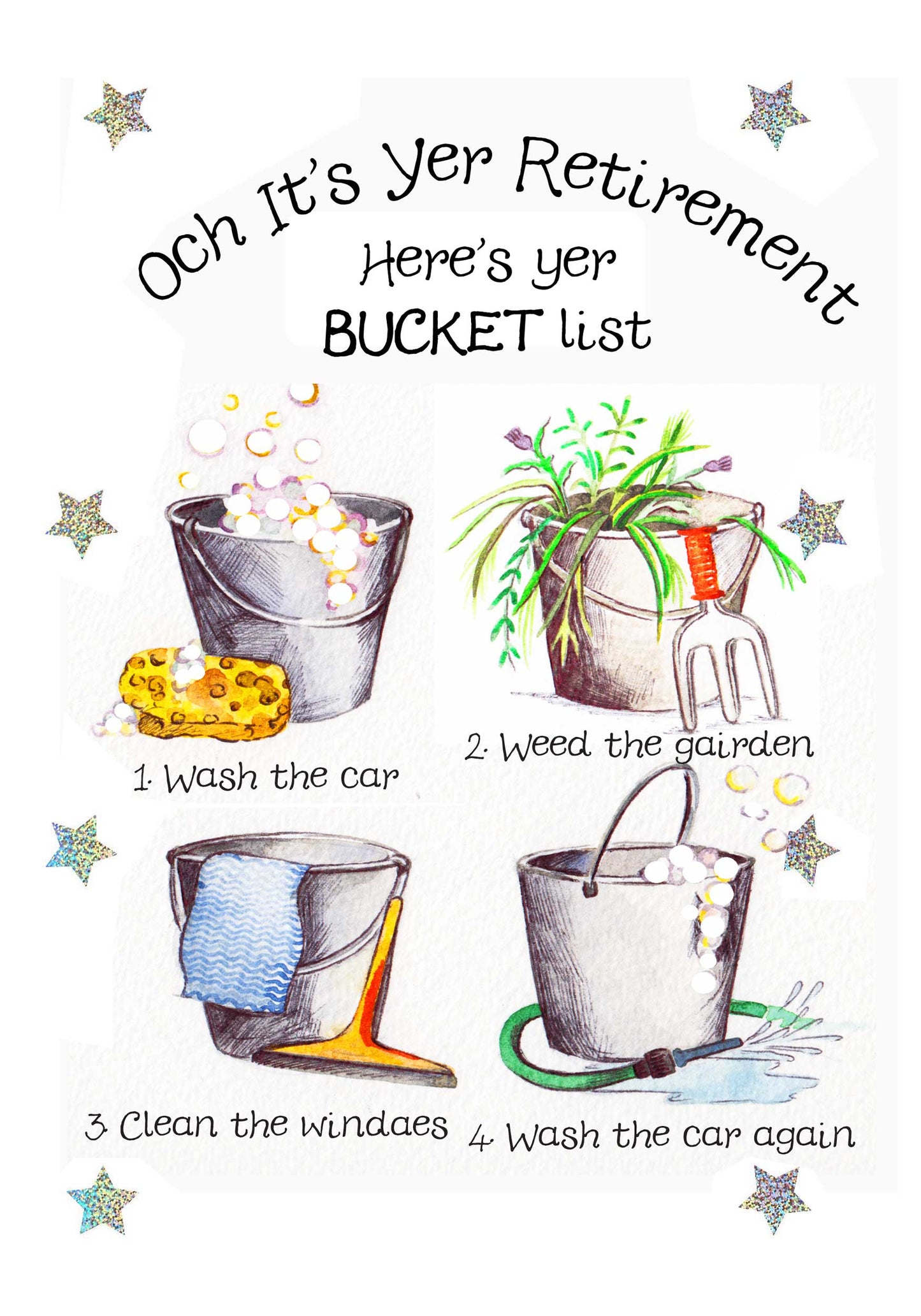A hand-drawn style retirement bucket list poster featuring four illustrated chores: wash the car, weed the garden, clean the windscreen, and wash the car again, with decorative stars on a white background.